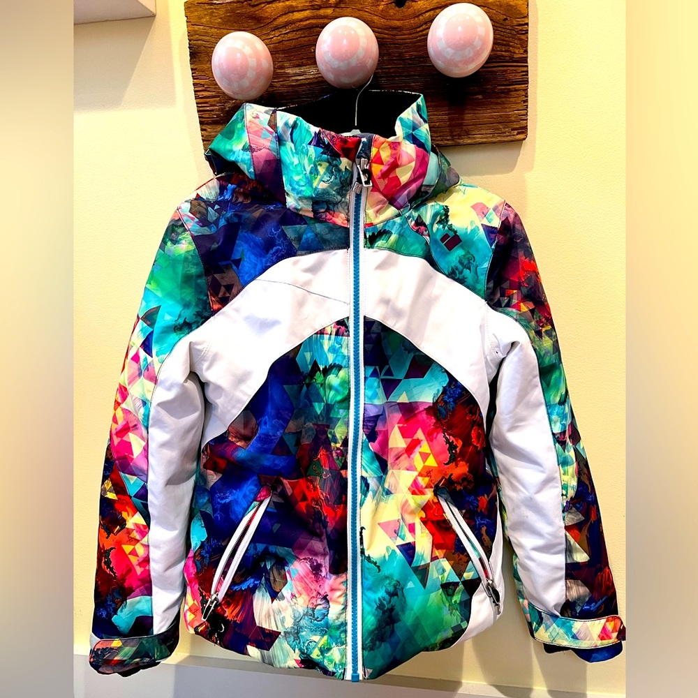 Obermeyer Hooded Girls’ Ski Jacket.  Multi vivid colors.  Size Teen Small 8